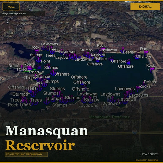 Map of Manasquan Reservoir with various markers indicating different types of features.