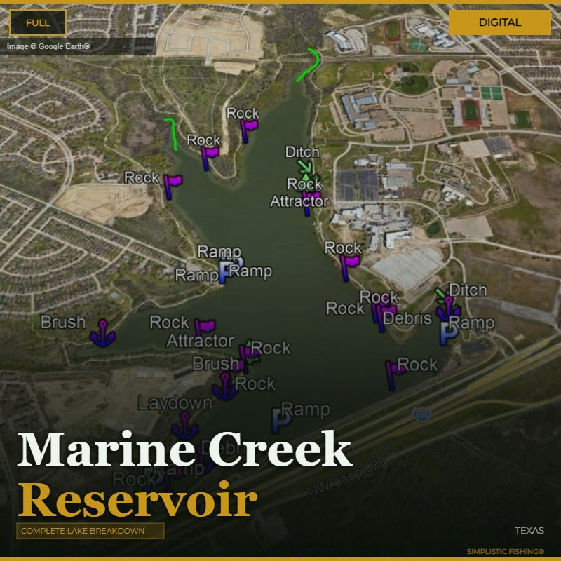 Map of Marine Creek Reservoir with various fishing spots labeled