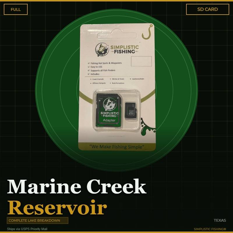 Product packaging for Simplistic Fishing on a green circle with text about Marine Creek Reservoir.