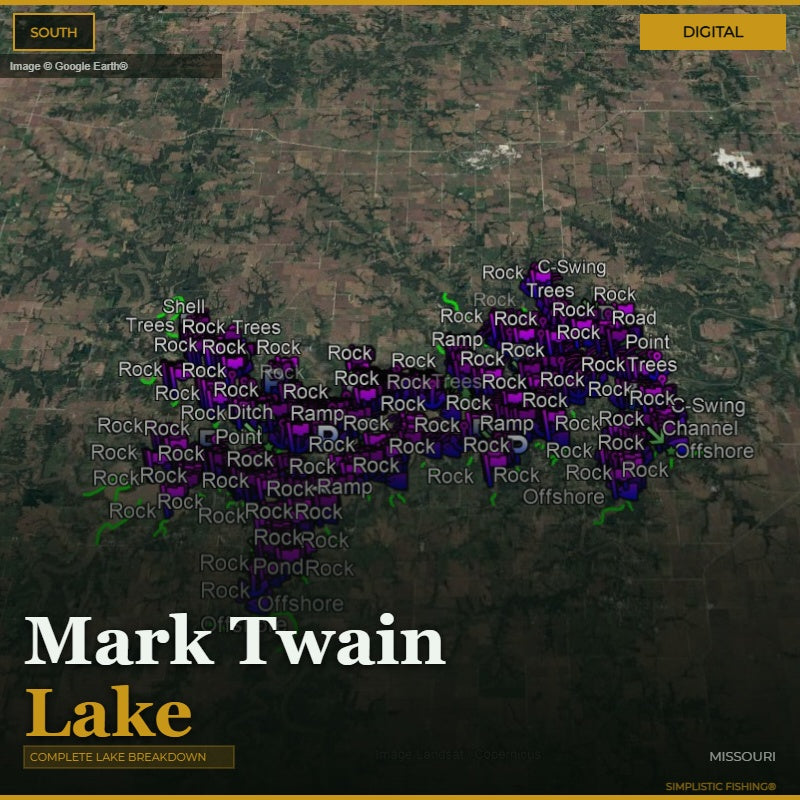 Map of Mark Twain Lake with labeled features on a digital background