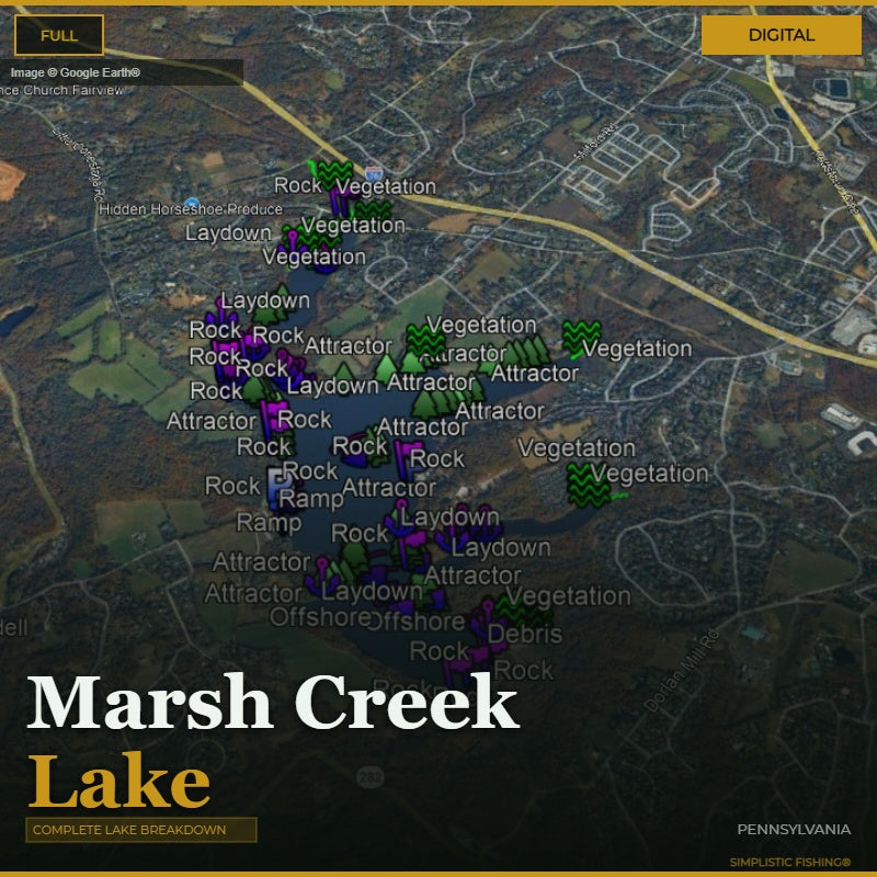 Map of Marsh Creek Lake with various fishing attractor points labeled on a digital display.