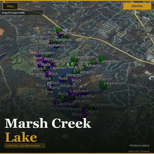 Map of Marsh Creek Lake with various fishing attractor points labeled on a digital display.