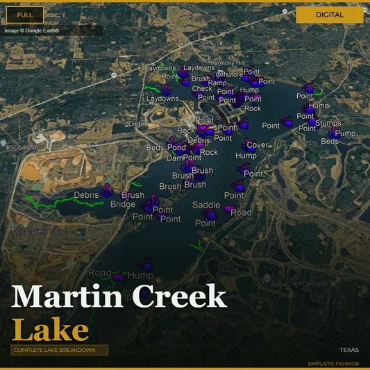 Map of Martin Creek Lake with various points and labels on a digital display.