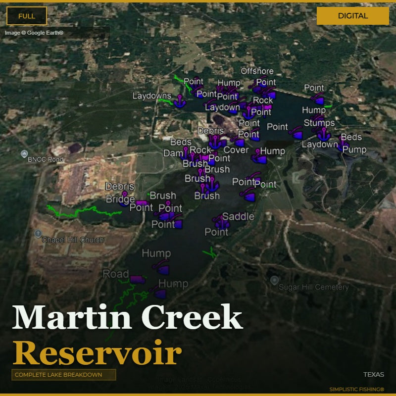 Map of Martin Creek Reservoir with various points labeled on a digital interface