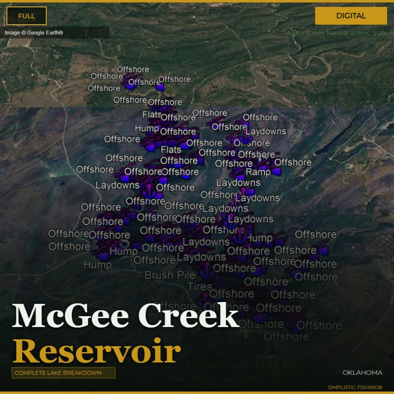 Map of McGee Creek Reservoir with various labels on a digital display.