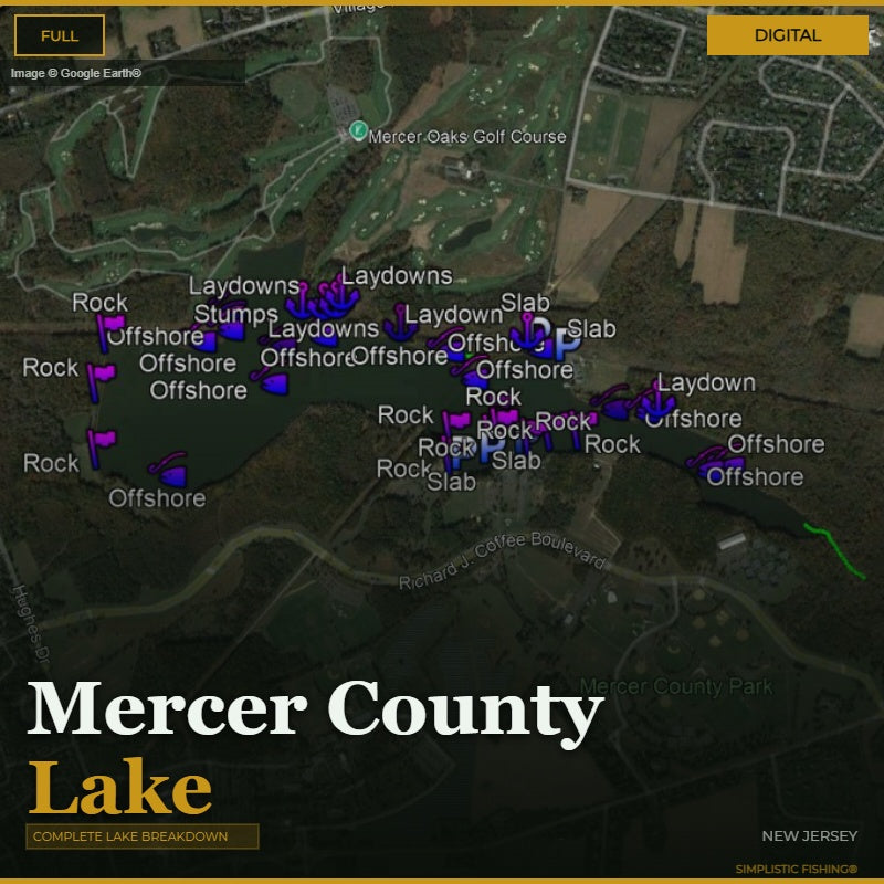 Map of Mercer County Lake with fishing spots marked on a digital display.