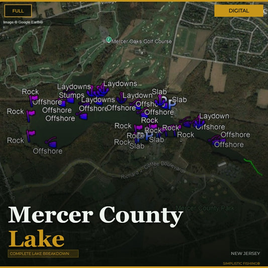 Map of Mercer County Lake with fishing spots marked on a digital display.