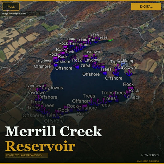 Map of Merrill Creek Reservoir with fishing spots marked on a digital display.