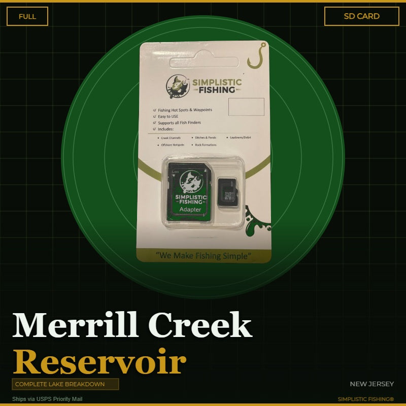 Packaging of Simplistic Fishing product with 'Merrill Creek Reservoir' text on a green circular background.