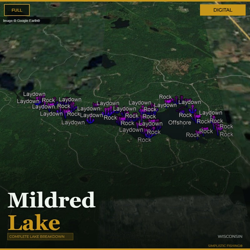 Map of Mildred Lake with fishing spots labeled on a digital interface.