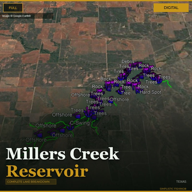 Map of Miller's Creek Reservoir with labeled features on a digital display.