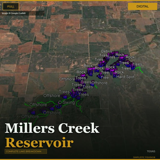 Map of Miller's Creek Reservoir with labeled features on a digital display.