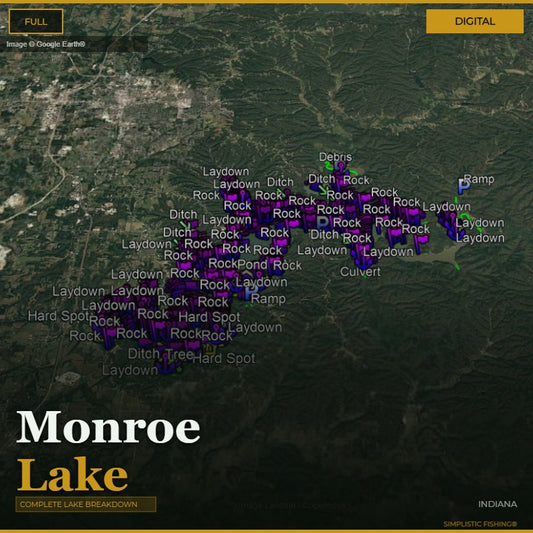 Map of Monroe Lake with fishing spots labeled on a digital interface