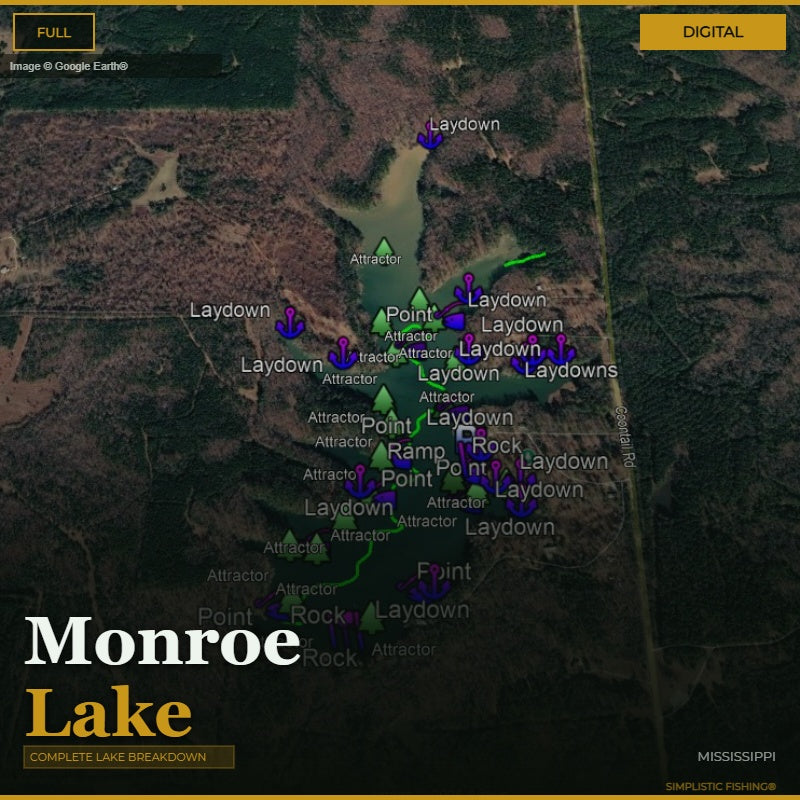 A digital satellite map of Monroe Lake in Mississippi, showing labeled points such as Laydown, Point, and Attractor, with a dark aerial view and yellow title text at the top and bottom.