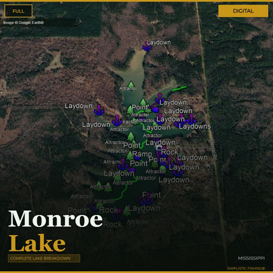 A digital satellite map of Monroe Lake in Mississippi, showing labeled points such as Laydown, Point, and Attractor, with a dark aerial view and yellow title text at the top and bottom.