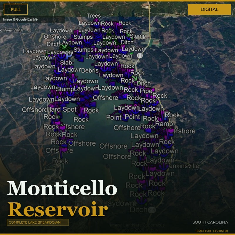 Map of Monticello Reservoir with fishing spots labeled on a digital interface.