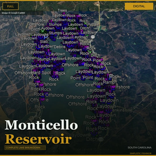 Map of Monticello Reservoir with fishing spots labeled on a digital interface.