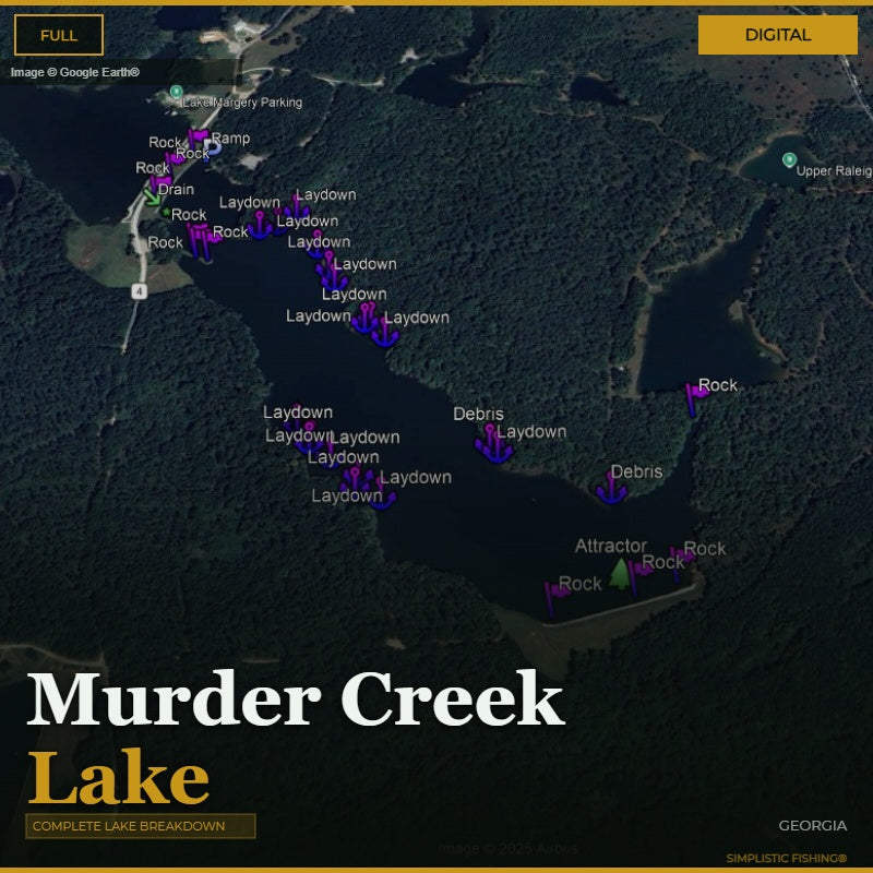 Map of Murder Creek Lake with various fishing laydowns and attractors.