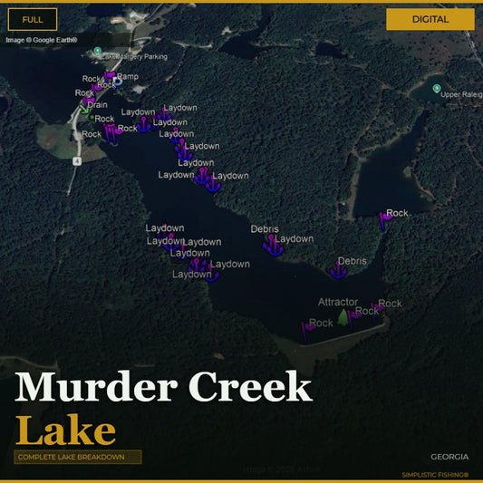 Map of Murder Creek Lake with various fishing laydowns and attractors.