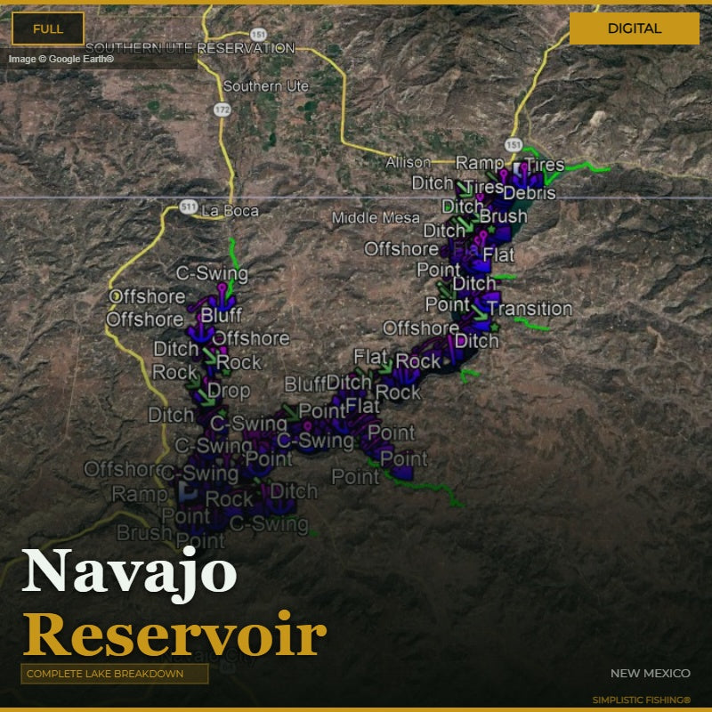 Map of Navajo Reservoir with fishing points marked on a digital display.
