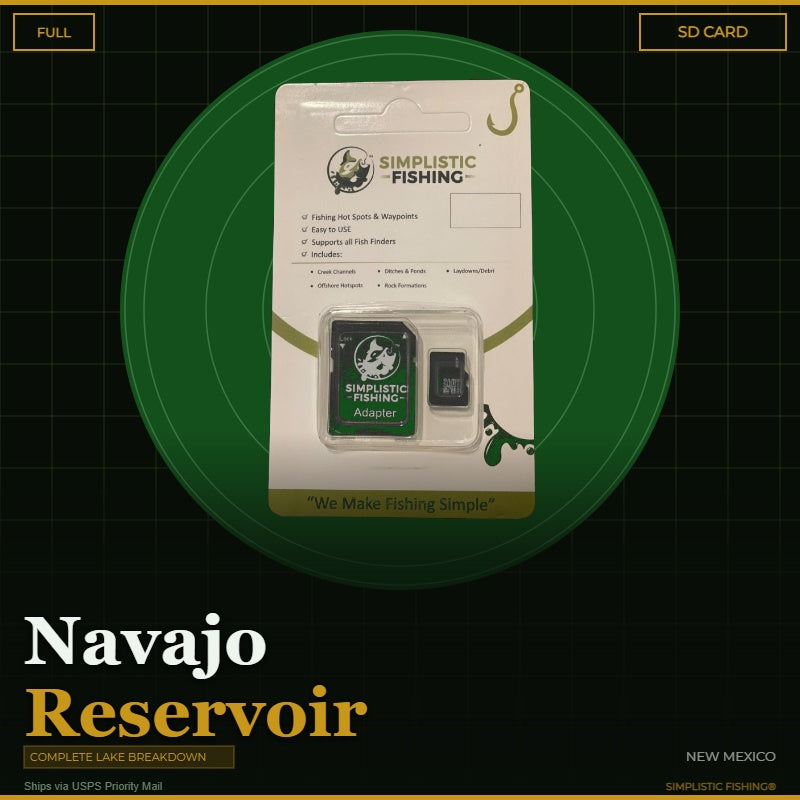 Packaging of Simplistic Fishing product with SD card on a green circle background