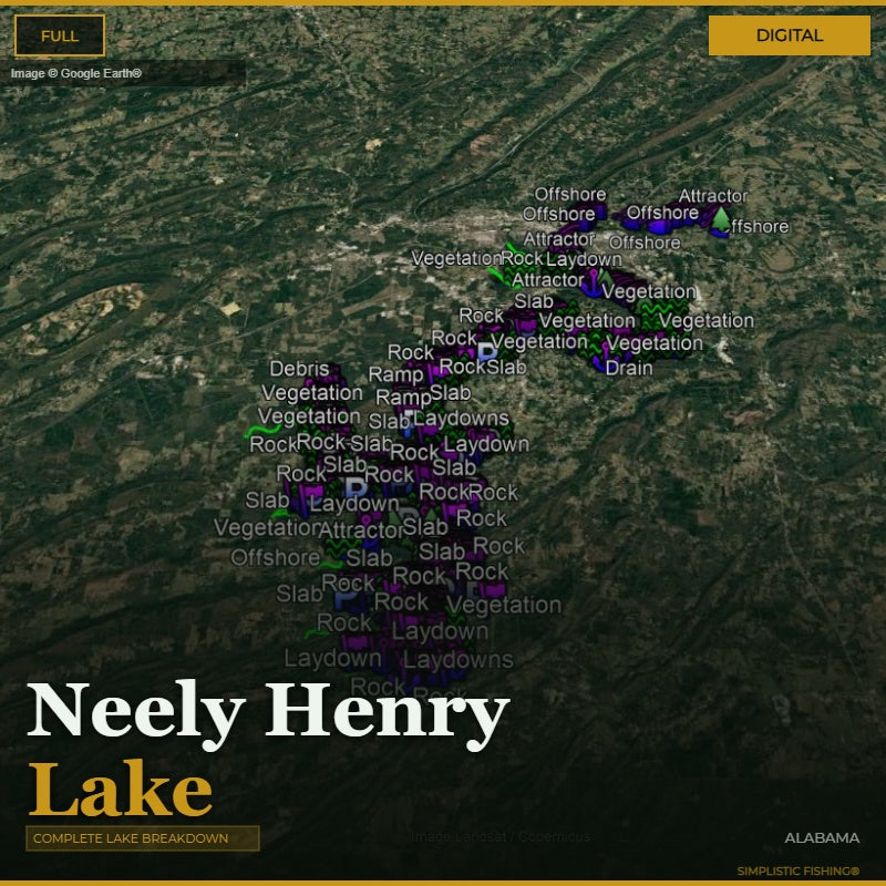 Map of Neely Henry Lake with fishing spots labeled on a digital display.