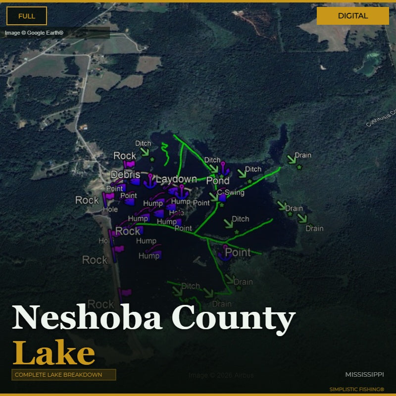 Aerial satellite map of Neshoba County Lake in Mississippi, showing labeled waterways, roads, and points with green and purple highlighted routes or features. Large text at the bottom reads 'Neshoba County Lake' and 'COMPLETE LAKE BREAKDOWN.