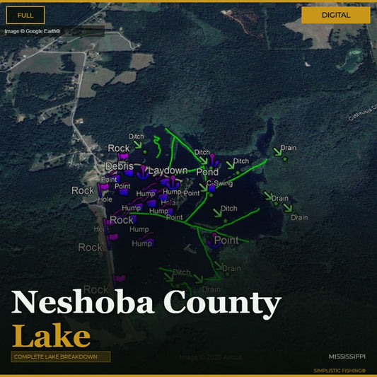Aerial satellite map of Neshoba County Lake in Mississippi, showing labeled waterways, roads, and points with green and purple highlighted routes or features. Large text at the bottom reads 'Neshoba County Lake' and 'COMPLETE LAKE BREAKDOWN.