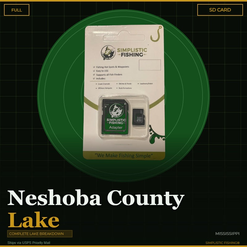 Simplistic Fishing SD card packaging on a green circle with 'Neshoba County Lake' text.