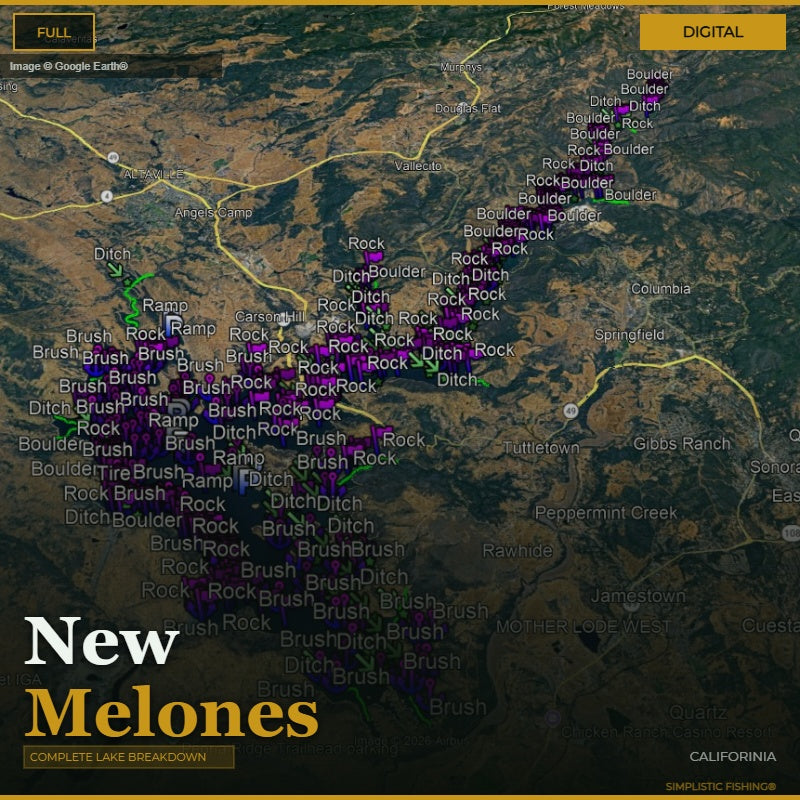 A digital map graphic labeled 'New Melones' with a dark aerial terrain background, purple highlighted areas, and text reading 'COMPLETE LAKE BREAKDOWN' and 'CALIFORNIA.' This is not a physical product photo, not packaging, and not an auxiliary chart/swatch/instruction image for a tangible item; it appears to be a digital preview or informational graphic, so subject_type is Other.