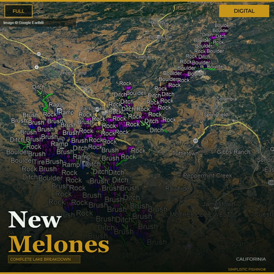 A digital map graphic labeled 'New Melones' with a dark aerial terrain background, purple highlighted areas, and text reading 'COMPLETE LAKE BREAKDOWN' and 'CALIFORNIA.' This is not a physical product photo, not packaging, and not an auxiliary chart/swatch/instruction image for a tangible item; it appears to be a digital preview or informational graphic, so subject_type is Other.