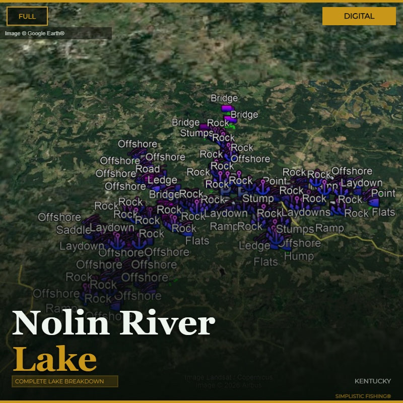 Map of Nolin River Lake with fishing spots labeled on a digital display.