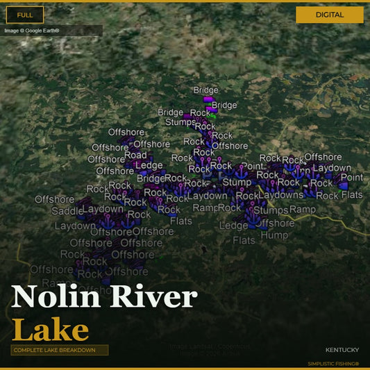 Map of Nolin River Lake with fishing spots labeled on a digital display.