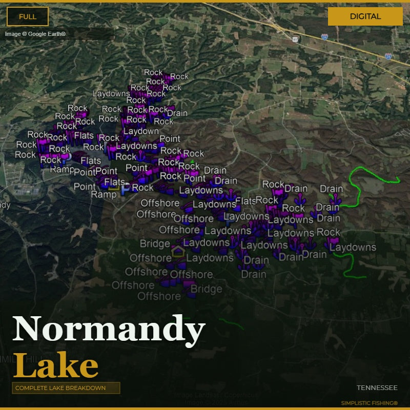 Map of Normandy Lake with fishing spots labeled on a digital display.