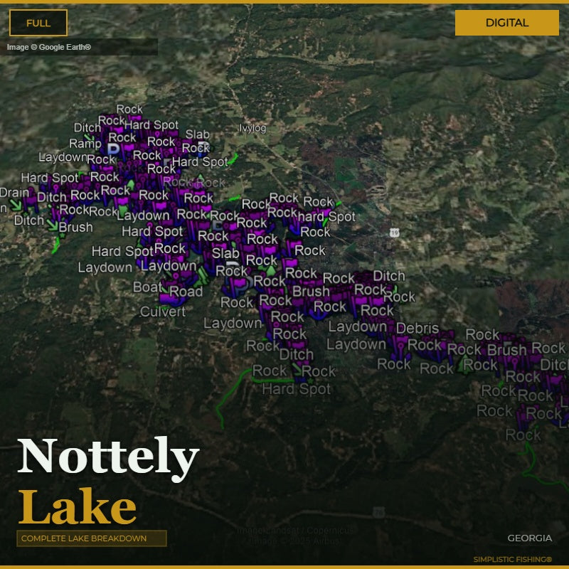 Map of Nottely Lake with various fishing spots labeled on a digital display.