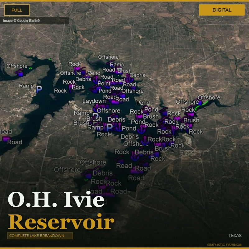 Map of O.H. Ivie Reservoir with labeled features on a digital display.