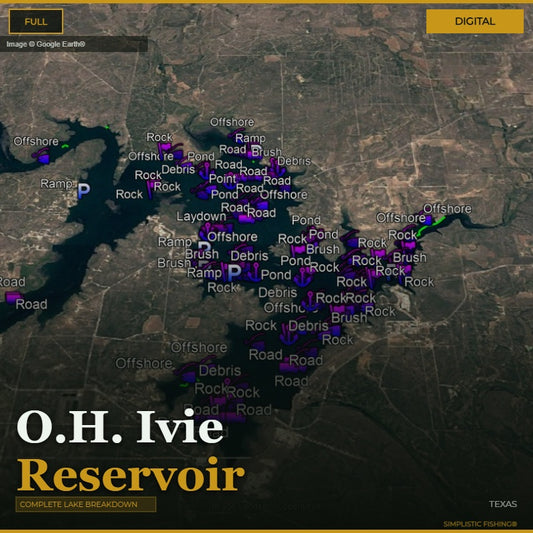 Map of O.H. Ivie Reservoir with labeled features on a digital display.