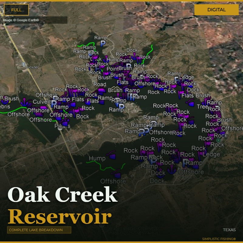 Map of Oak Creek Reservoir with various fishing spots marked on a digital display.