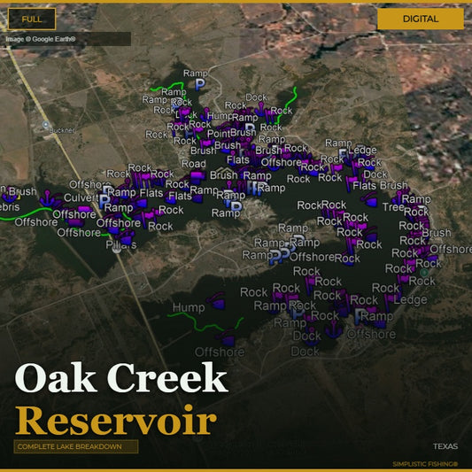 Map of Oak Creek Reservoir with various fishing spots marked on a digital display.
