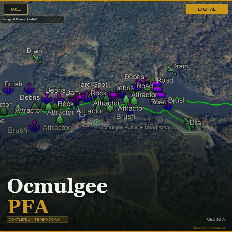 Map of Ocmulgee PFA, Georgia with bass fishing waypoints and structure labeled on a digital display.