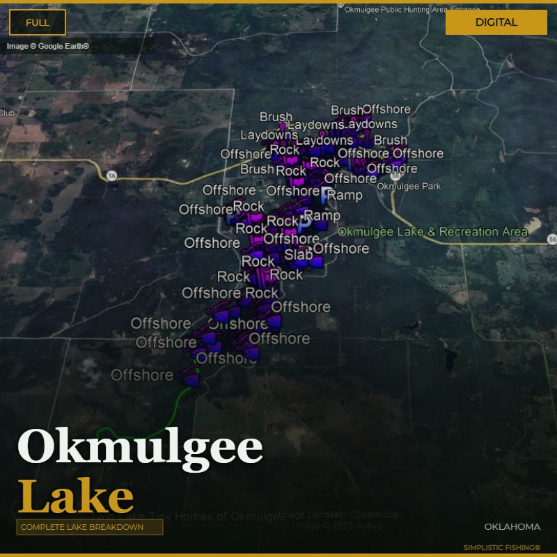 Map of Okmulgee Lake with fishing spots marked on a digital interface.