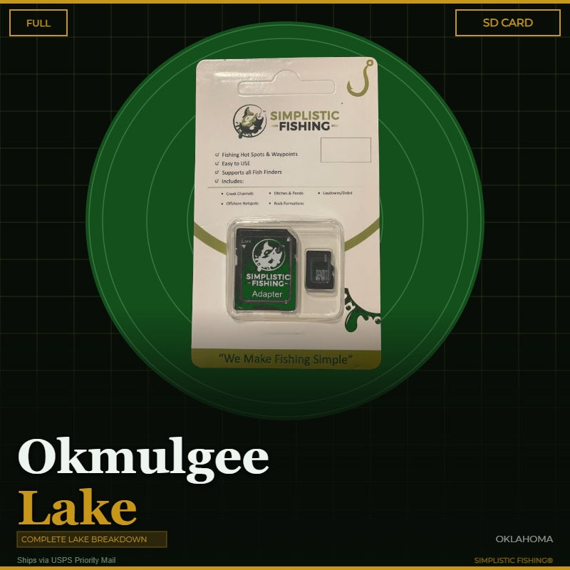 Packaging of Simplistic Fishing SD card and adapter with 'Okmulgee Lake' text on a green circle background.