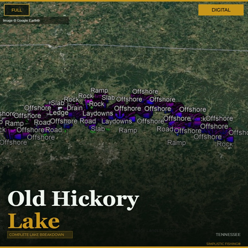 Map of Old Hickory Lake with fishing spots labeled on a digital background