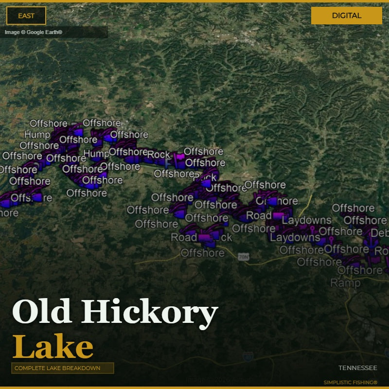 Map of Old Hickory Lake with various labels on a digital background