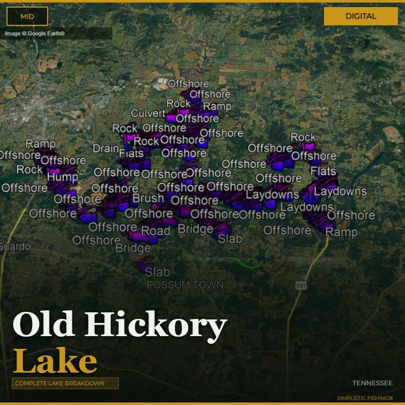 Map of Old Hickory Lake with fishing spots marked on a digital display.