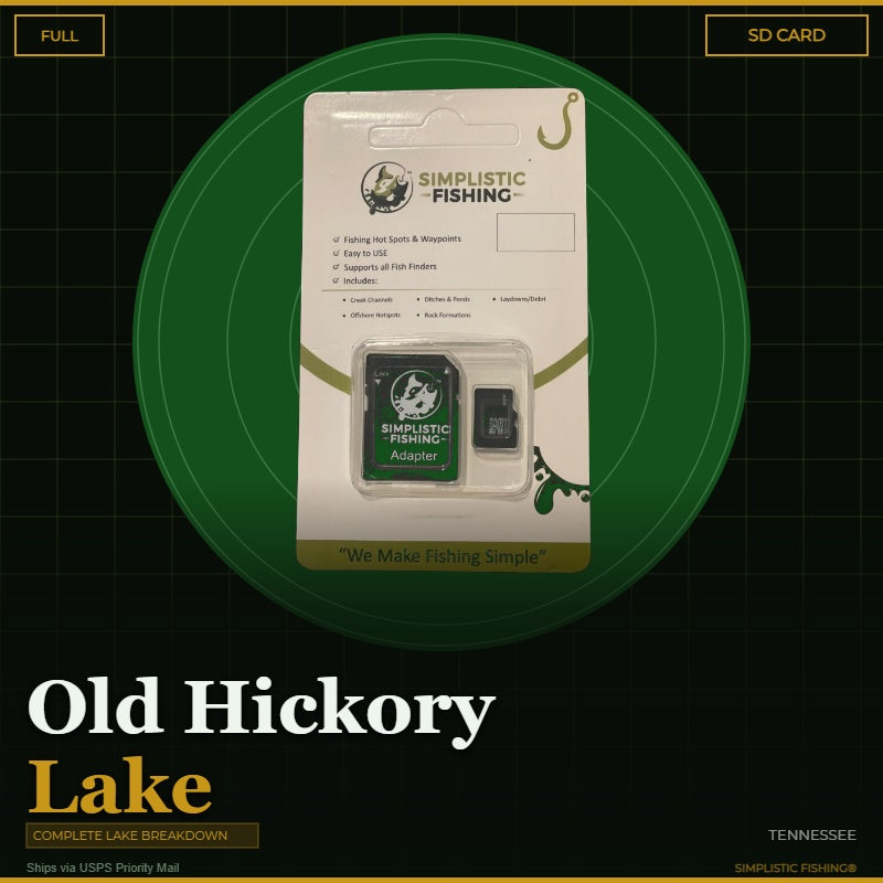 Packaging of Simplistic Fishing product with 'Old Hickory Lake' text on a green circle background