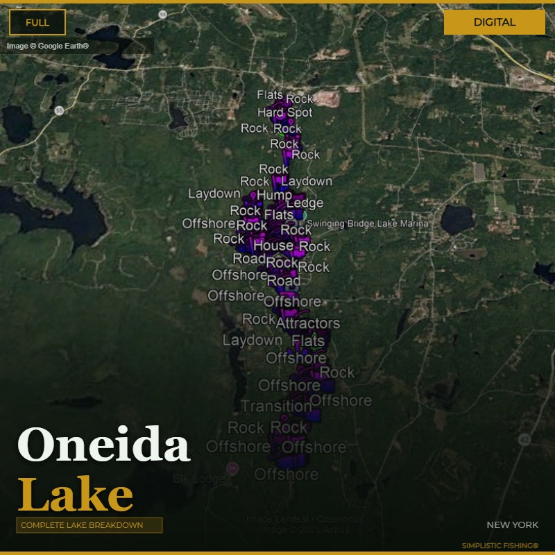 Map of Oneida Lake with fishing spots labeled on a digital display.