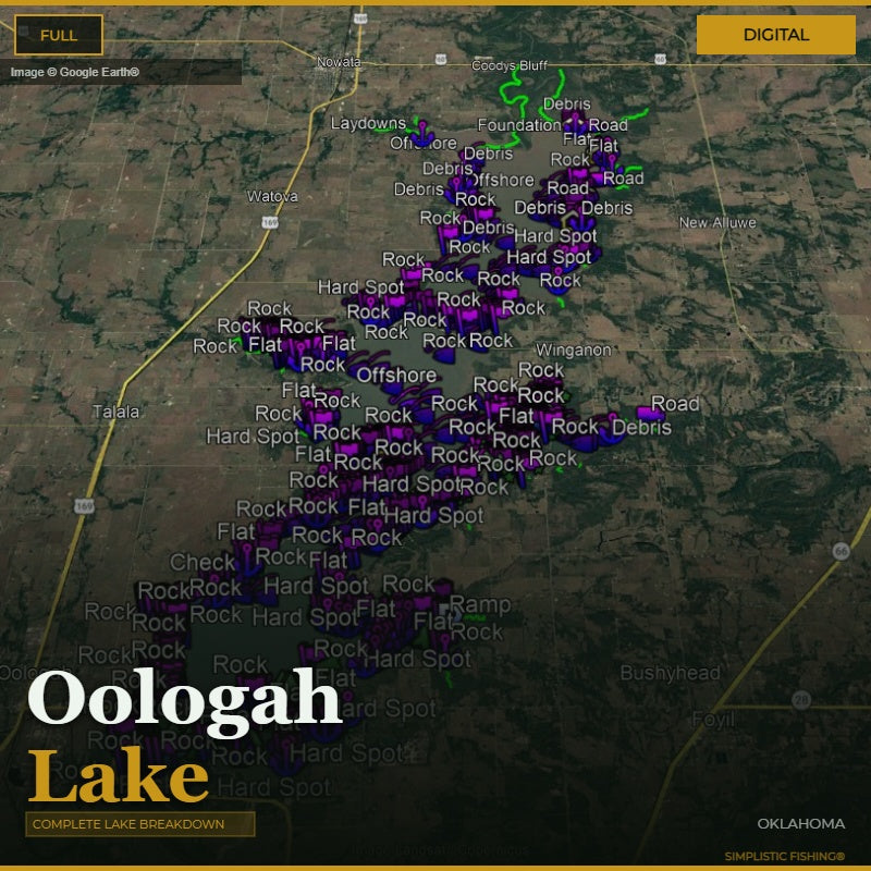 Map of Oologah Lake with various fishing spots marked on a digital display.