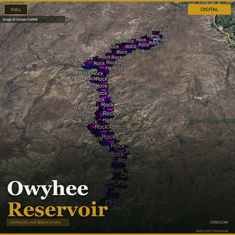 Map of Owyhee Reservoir with labeled rock formations on a digital background