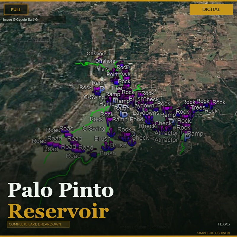 Map of Palo Pinto Reservoir with various markers and labels on a digital display.